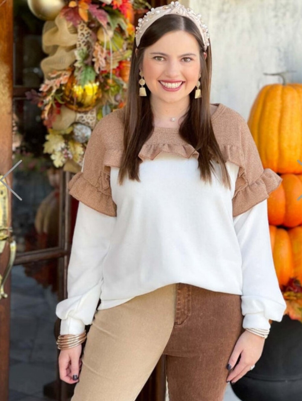 BiBi Cream With Charcoal Ruffle Soft Long Sleeve Pullover